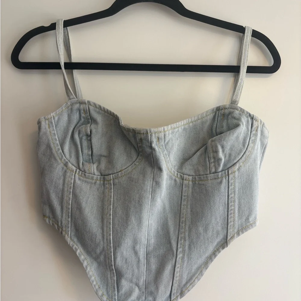 PrettyLittleThing Light Wash Denim Corset Crop Top
